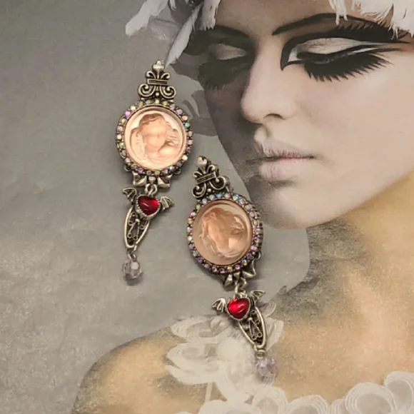Vintage Signed Kirks Folly Whimsical Pink Cameo Crystal Ornate Silver Earrings